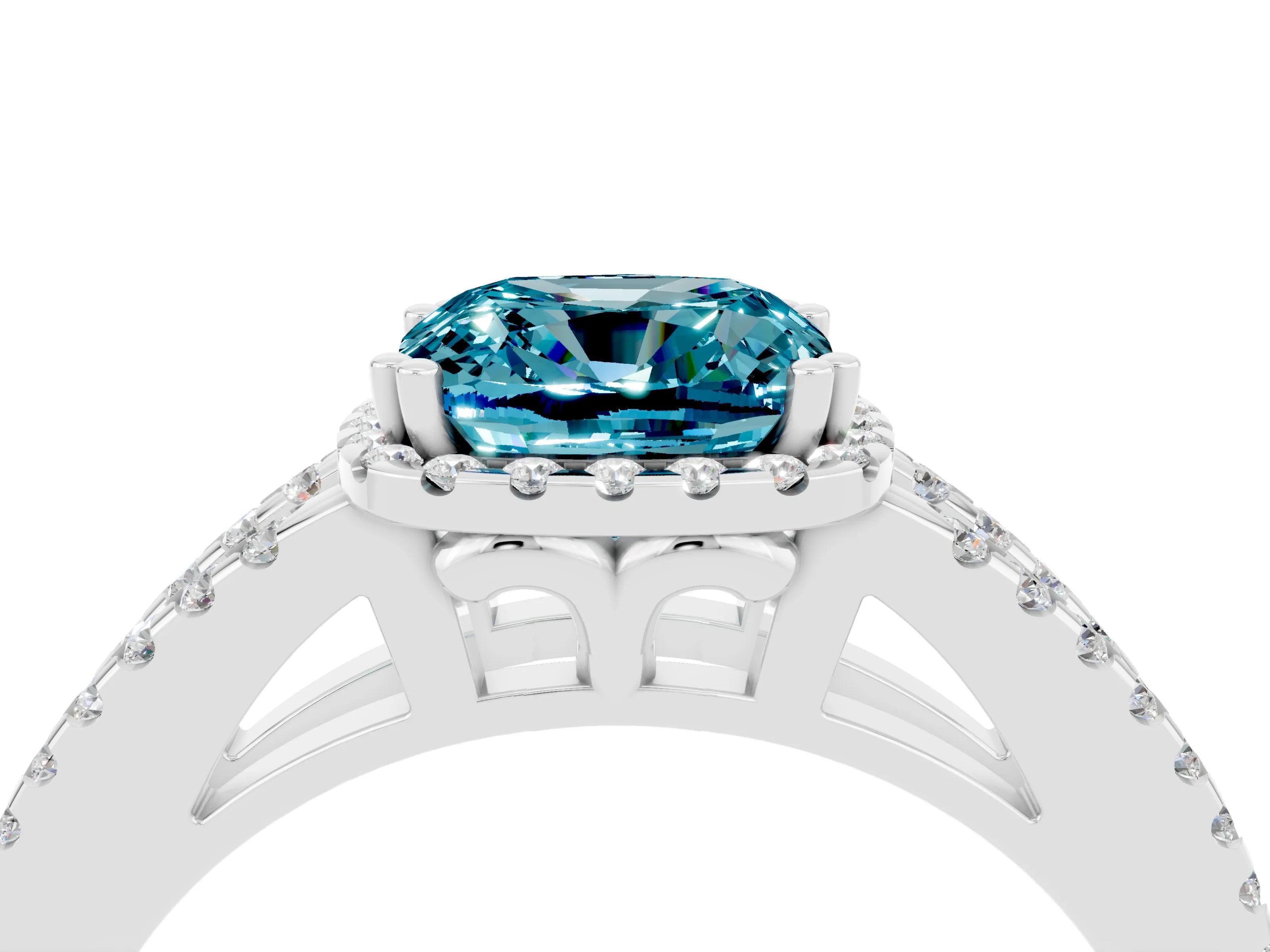 White gold Cushion Cut Blue Topaz Halo Split Shank Engagement Ring_16