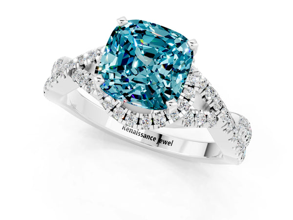 Silver Cushion Cut Blue Topaz  Halo Twist Band Solitaire Prong Setting Ring