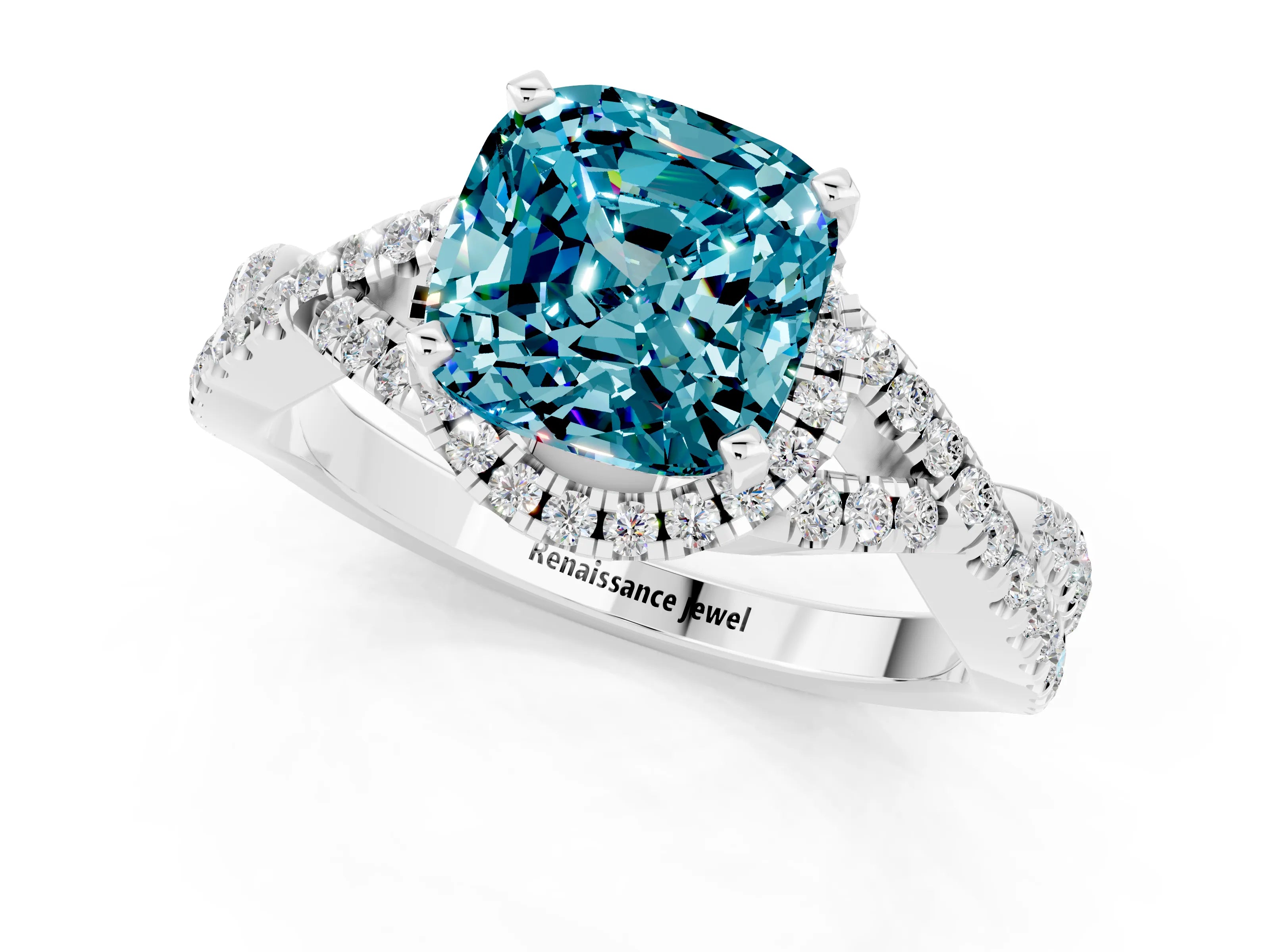 White gold Cushion Cut Blue Topaz Halo Twist Band Solitaire Prong Setting Ring_1