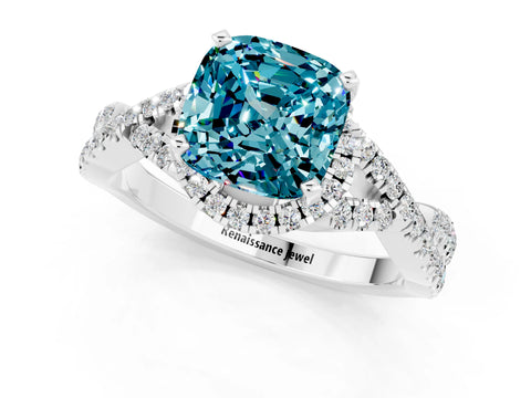 White gold Cushion Cut Blue Topaz Halo Twist Band Solitaire Prong Setting Ring_1