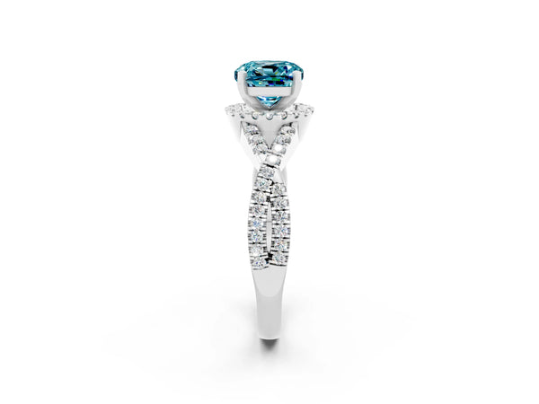 Platinum Cushion Cut Blue Topaz  Halo Twist Band Solitaire Prong Setting Ring