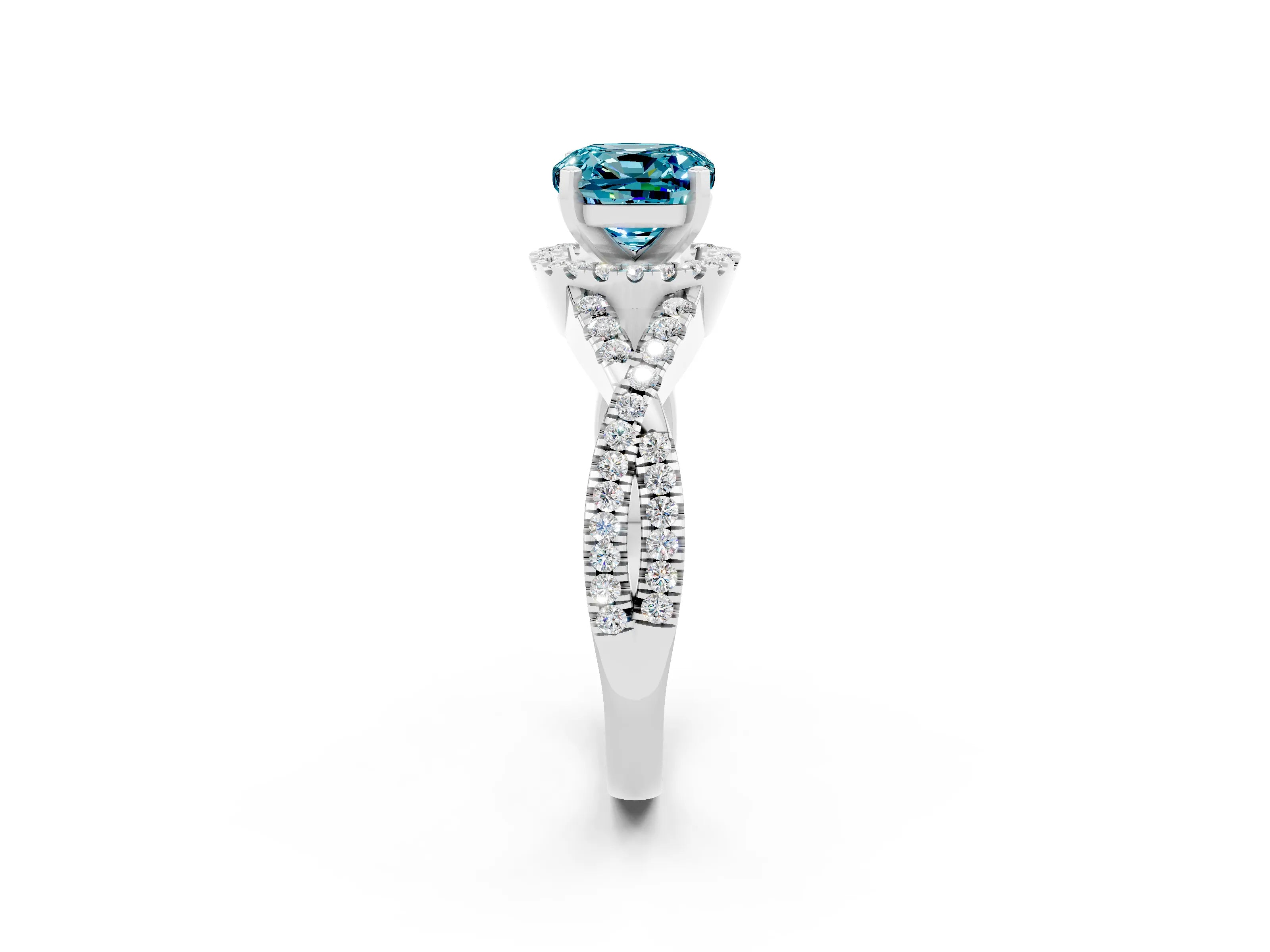White gold Cushion Cut Blue Topaz Halo Twist Band Solitaire Prong Setting Ring_2