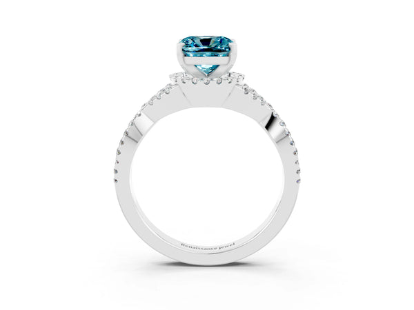 Silver Cushion Cut Blue Topaz  Halo Twist Band Solitaire Prong Setting Ring