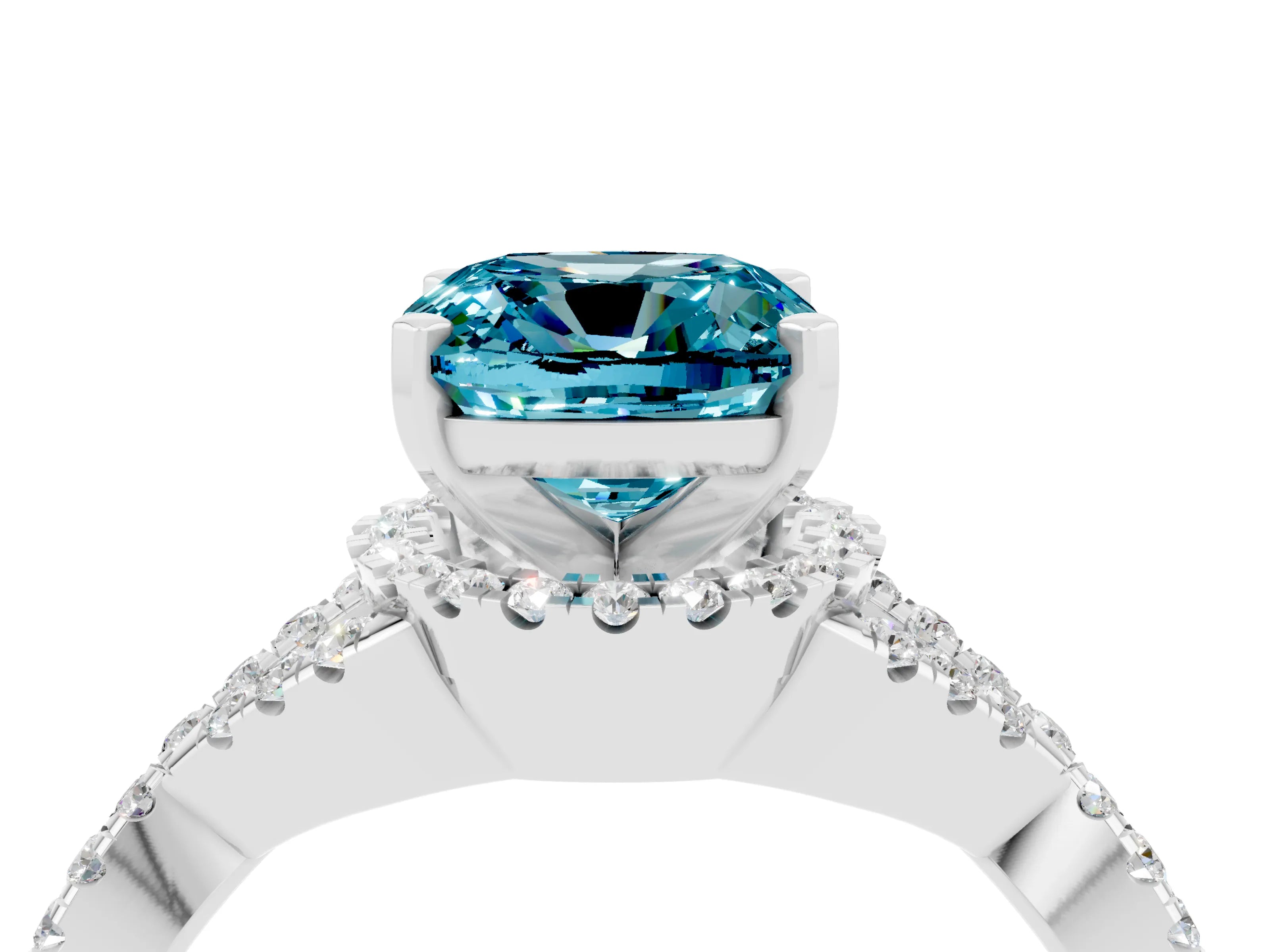 White gold Cushion Cut Blue Topaz Halo Twist Band Solitaire Prong Setting Ring_4