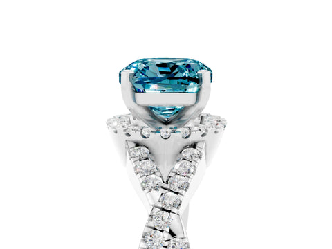 White gold Cushion Cut Blue Topaz Halo Twist Band Solitaire Prong Setting Ring_5
