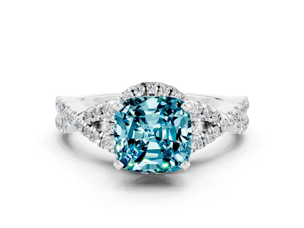 White gold Cushion Cut Blue Topaz  Halo Twist Band Solitaire Prong Setting Ring