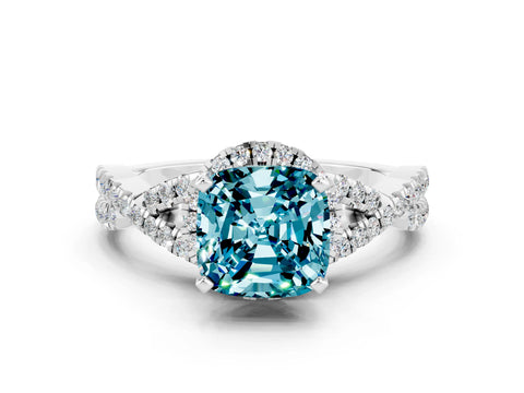 White gold Cushion Cut Blue Topaz Halo Twist Band Solitaire Prong Setting Ring