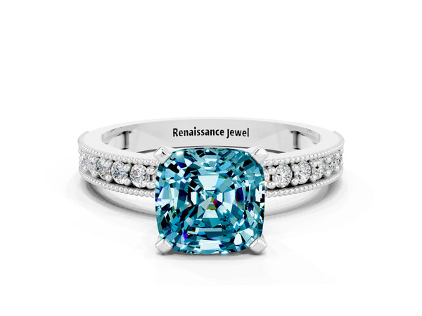 White gold Cushion Cut Blue Topaz Milgrain Pavé Engagement Ring with Four-Prong Setting