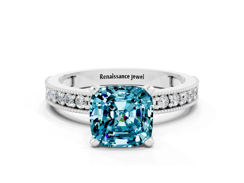 White gold Cushion Cut Blue Topaz Milgrain Pavé Engagement Ring with Four-Prong Setting_12