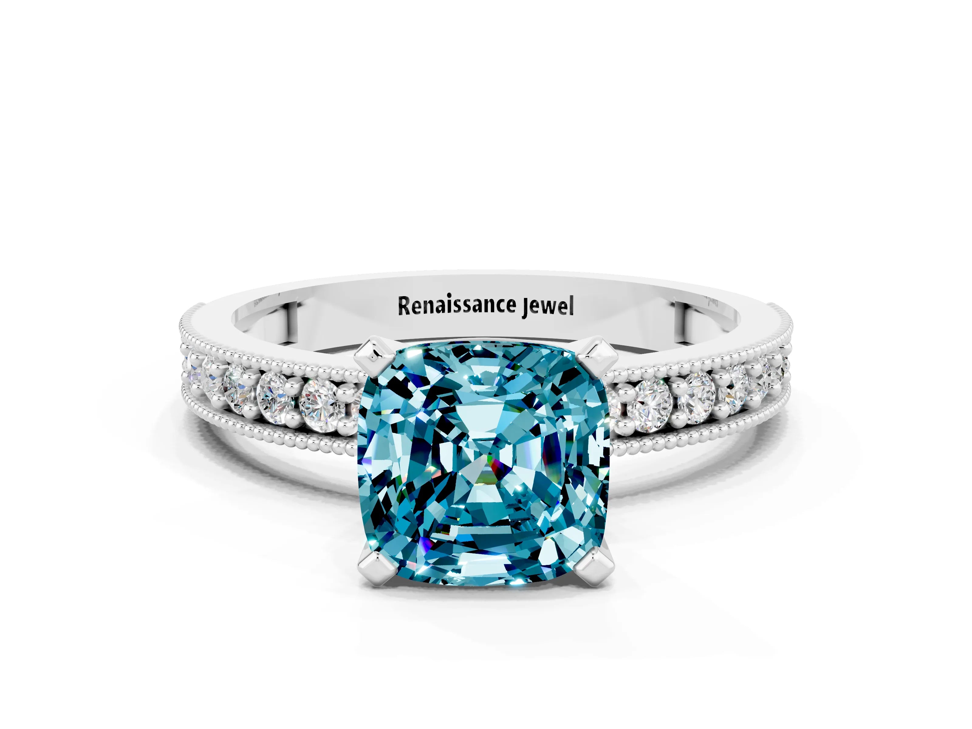 White gold Cushion Cut Blue Topaz Milgrain Pavé Engagement Ring with Four-Prong Setting_12