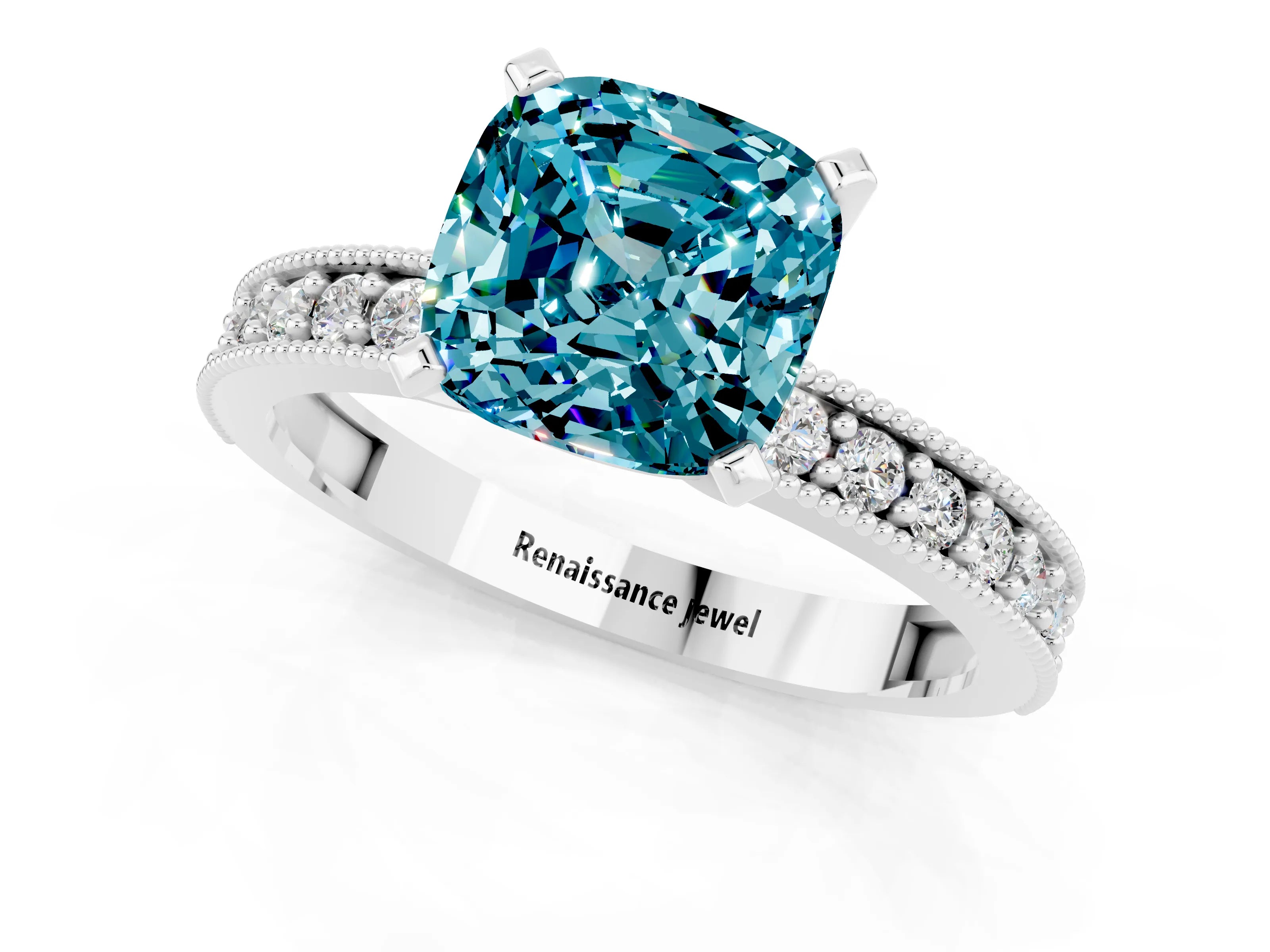 White gold Cushion Cut Blue Topaz Milgrain Pavé Engagement Ring with Four-Prong Setting_13