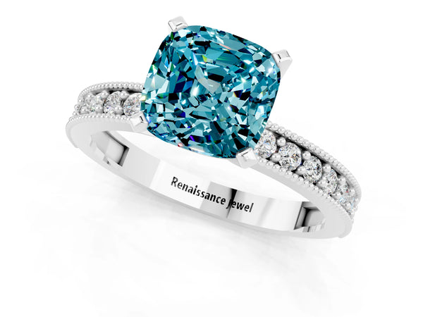White gold Cushion Cut Blue Topaz Milgrain Pavé Engagement Ring with Four-Prong Setting