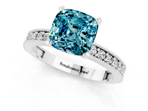 White gold Cushion Cut Blue Topaz Milgrain Pavé Engagement Ring with Four-Prong Setting_13
