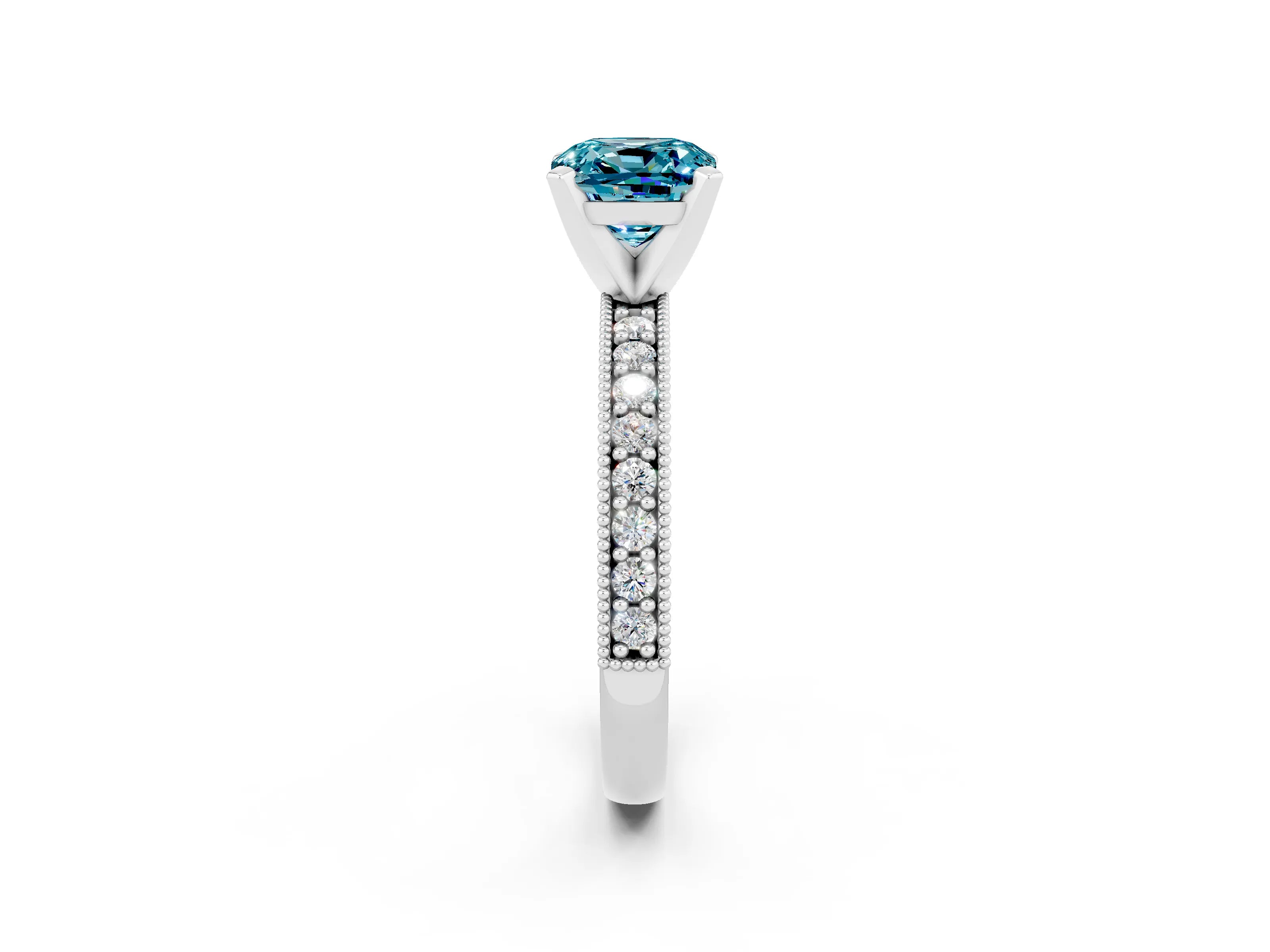 White gold Cushion Cut Blue Topaz Milgrain Pavé Engagement Ring with Four-Prong Setting_14