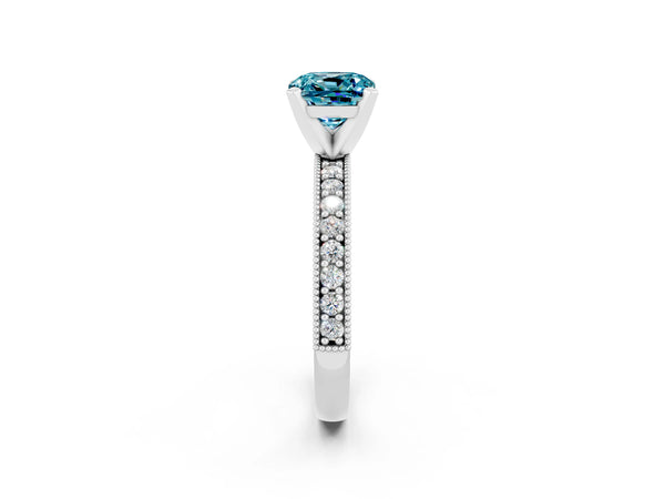 Silver Cushion Cut Blue Topaz Milgrain Pavé Engagement Ring with Four-Prong Setting