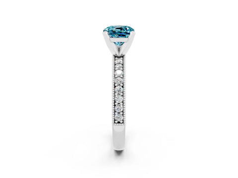 White gold Cushion Cut Blue Topaz Milgrain Pavé Engagement Ring with Four-Prong Setting_14