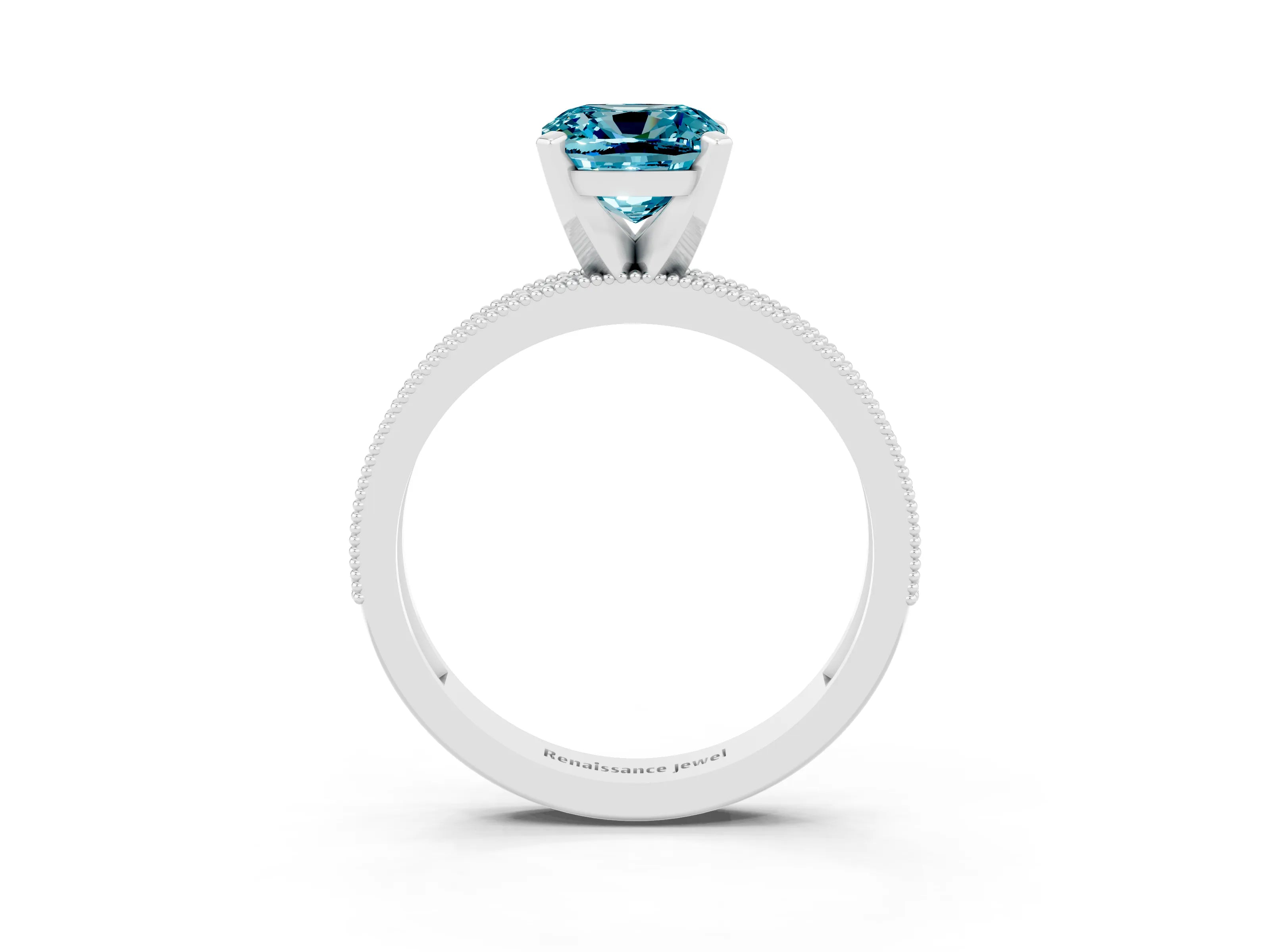 White gold Cushion Cut Blue Topaz Milgrain Pavé Engagement Ring with Four-Prong Setting_15