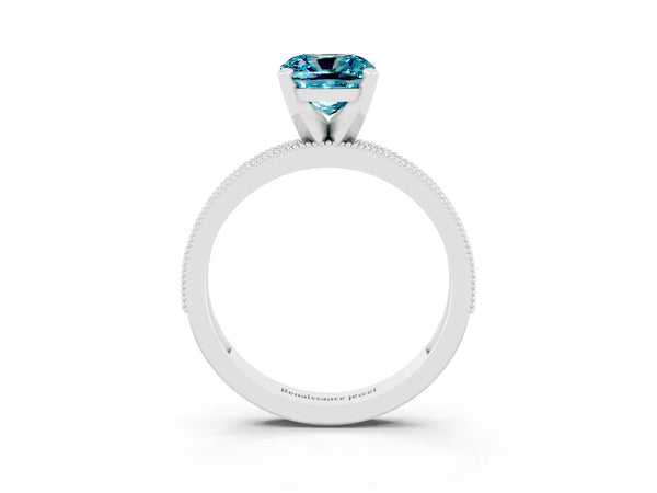 White gold Cushion Cut Blue Topaz Milgrain Pavé Engagement Ring with Four-Prong Setting