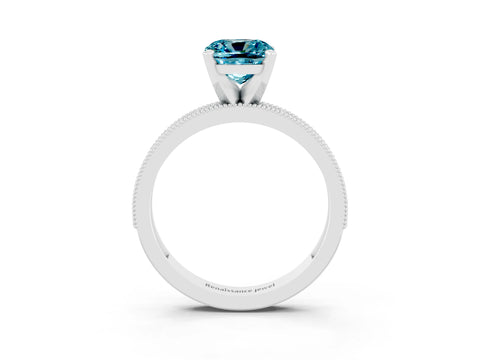 White gold Cushion Cut Blue Topaz Milgrain Pavé Engagement Ring with Four-Prong Setting_15