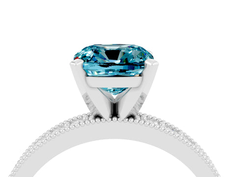 White gold Cushion Cut Blue Topaz Milgrain Pavé Engagement Ring with Four-Prong Setting_16