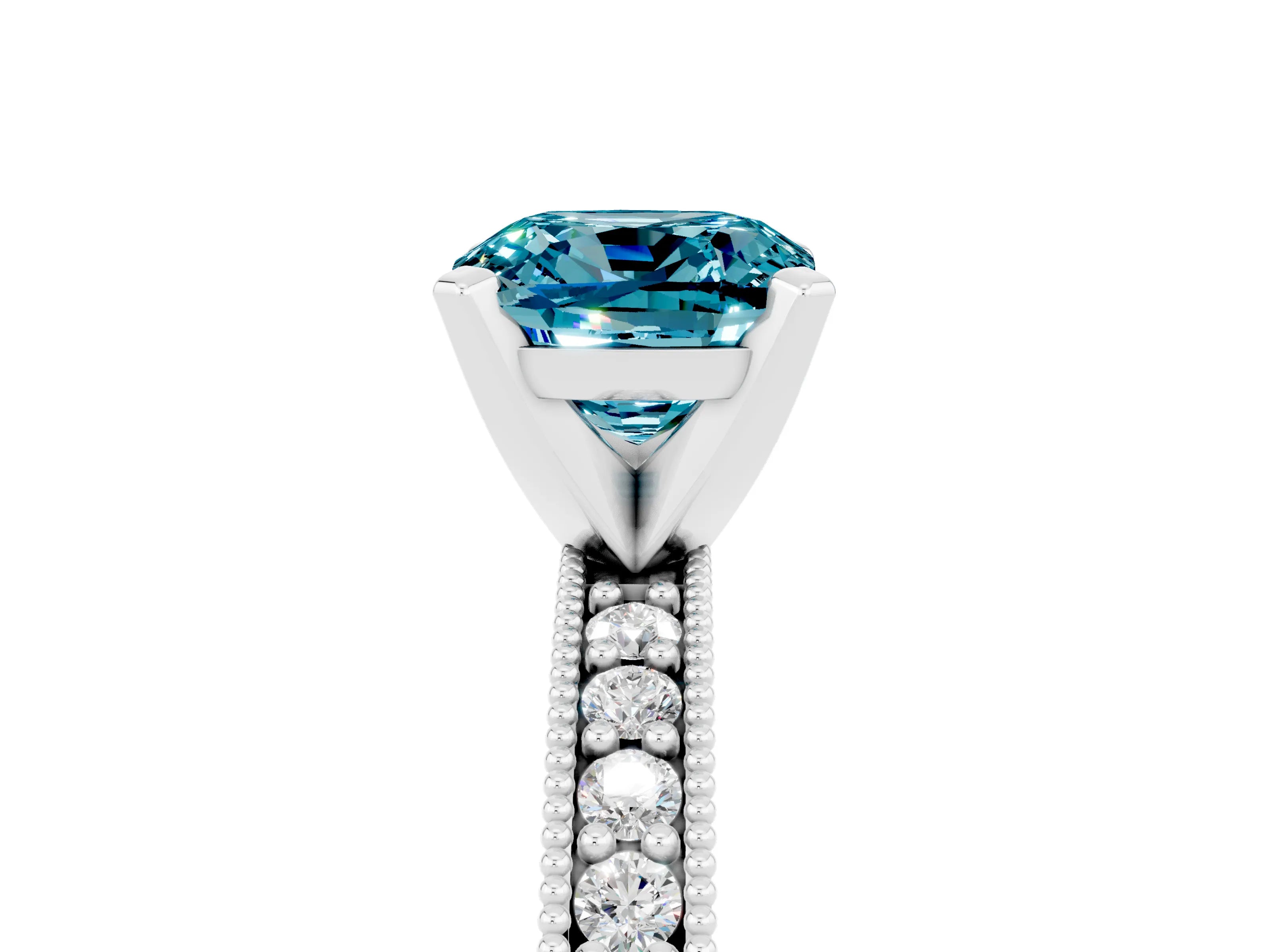 White gold Cushion Cut Blue Topaz Milgrain Pavé Engagement Ring with Four-Prong Setting_17