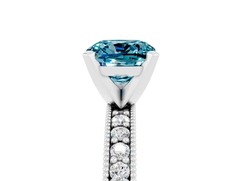 White gold Cushion Cut Blue Topaz Milgrain Pavé Engagement Ring with Four-Prong Setting_17