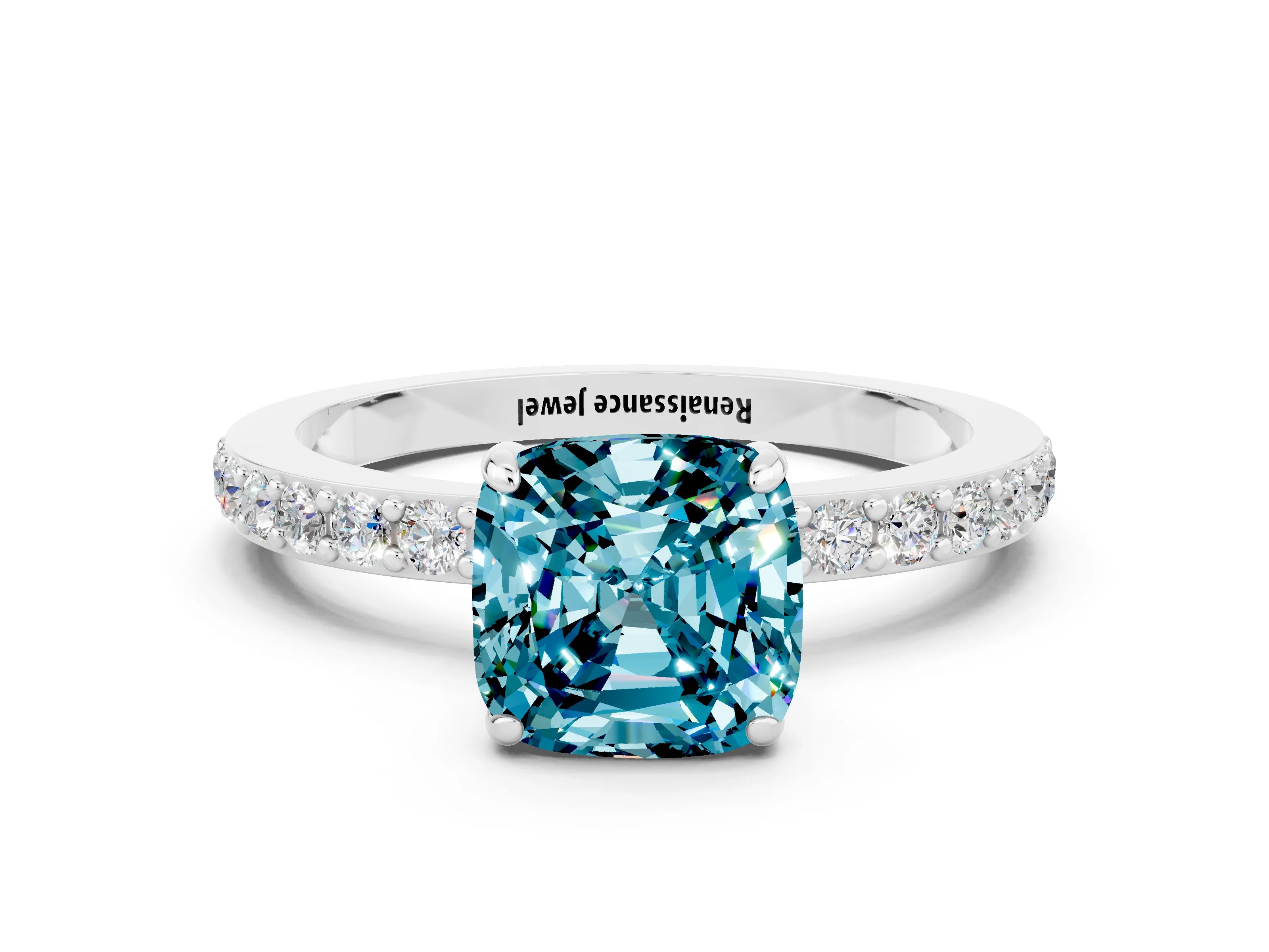 White gold Cushion Cut Blue Topaz Pavé Engagement Ring with Round  Accents and Prong Setting_24