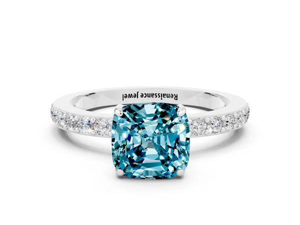 Silver Cushion Cut Blue Topaz Pavé Engagement Ring with Round  Accents and Prong Setting