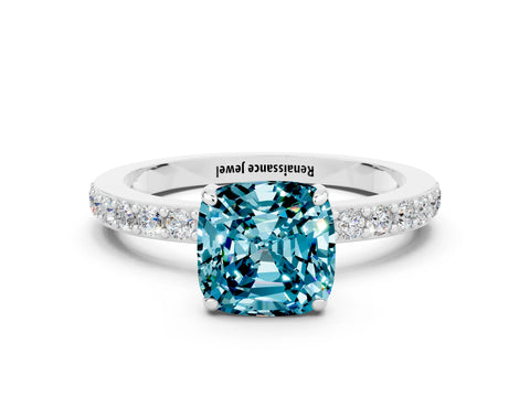 White gold Cushion Cut Blue Topaz Pavé Engagement Ring with Round  Accents and Prong Setting_24