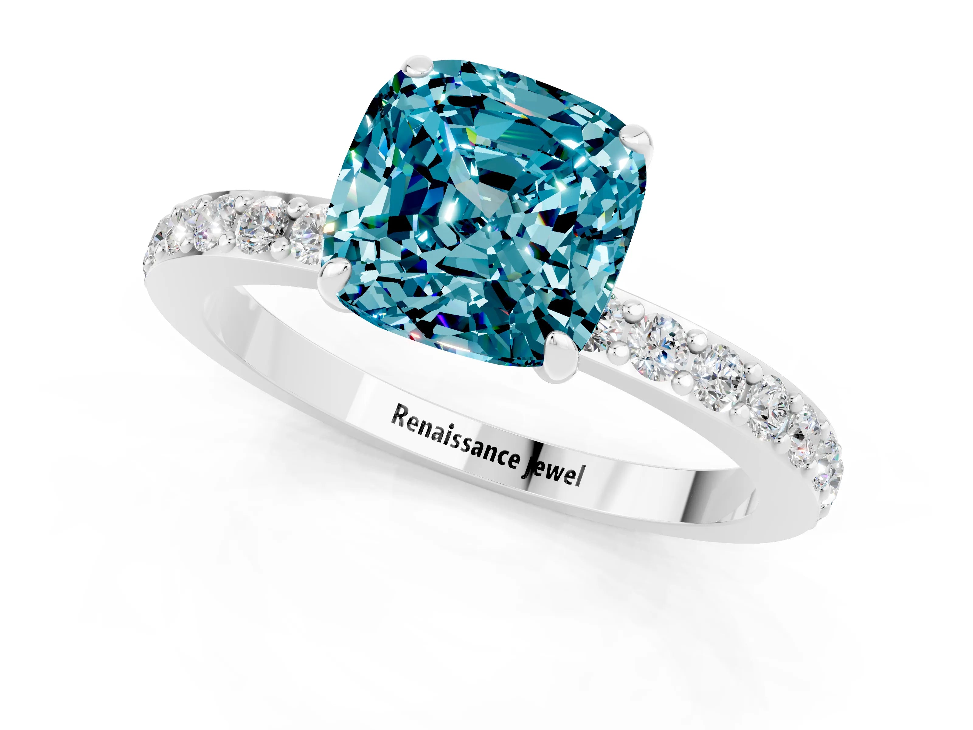 White gold Cushion Cut Blue Topaz Pavé Engagement Ring with Round  Accents and Prong Setting_25