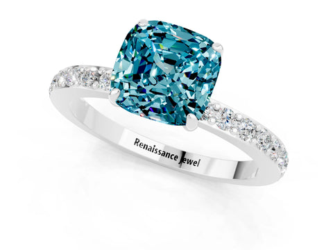 White gold Cushion Cut Blue Topaz Pavé Engagement Ring with Round  Accents and Prong Setting_25