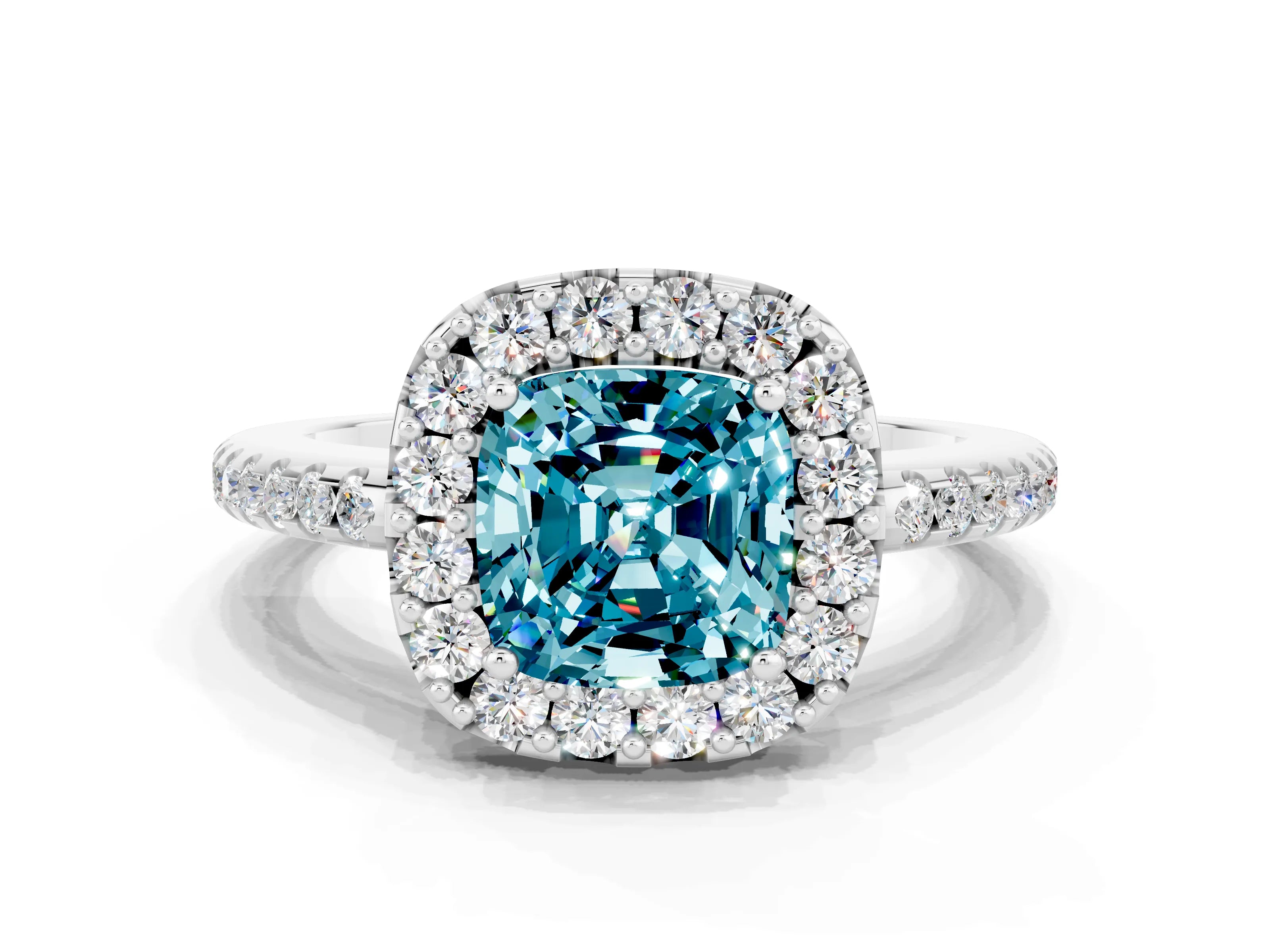White gold Cushion Cut Blue Topaz Pavé Halo Ring with Four-Prong Setting_12