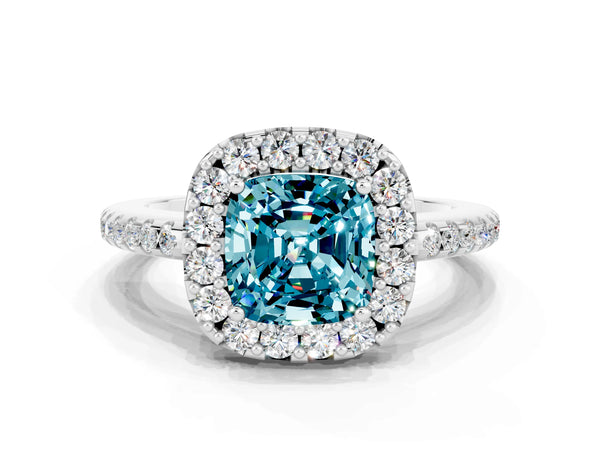 Silver Cushion Cut Blue Topaz Pavé Halo Ring with Four-Prong Setting