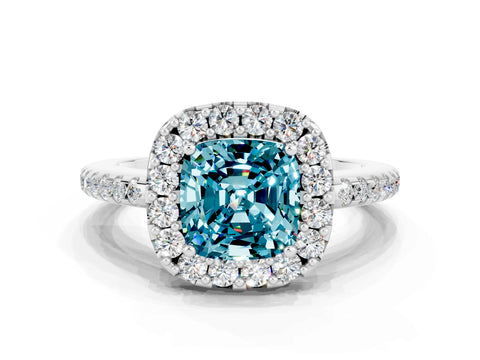White gold Cushion Cut Blue Topaz Pavé Halo Ring with Four-Prong Setting_12