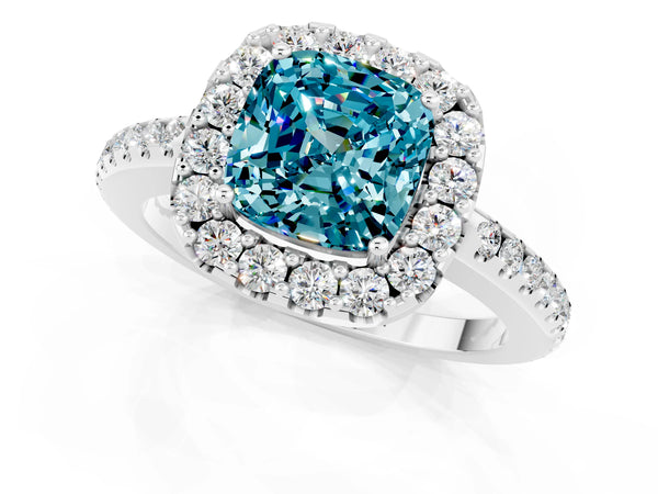 Silver Cushion Cut Blue Topaz Pavé Halo Ring with Four-Prong Setting