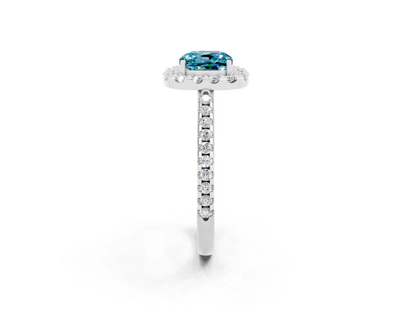 Silver Cushion Cut Blue Topaz Pavé Halo Ring with Four-Prong Setting