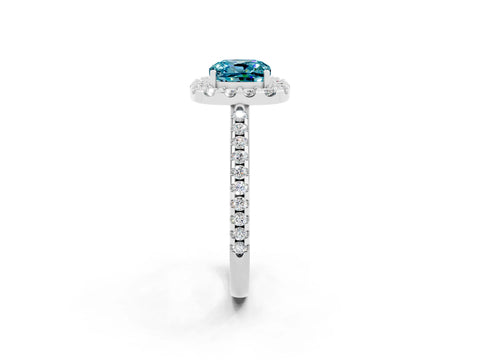 White gold Cushion Cut Blue Topaz Pavé Halo Ring with Four-Prong Setting_14