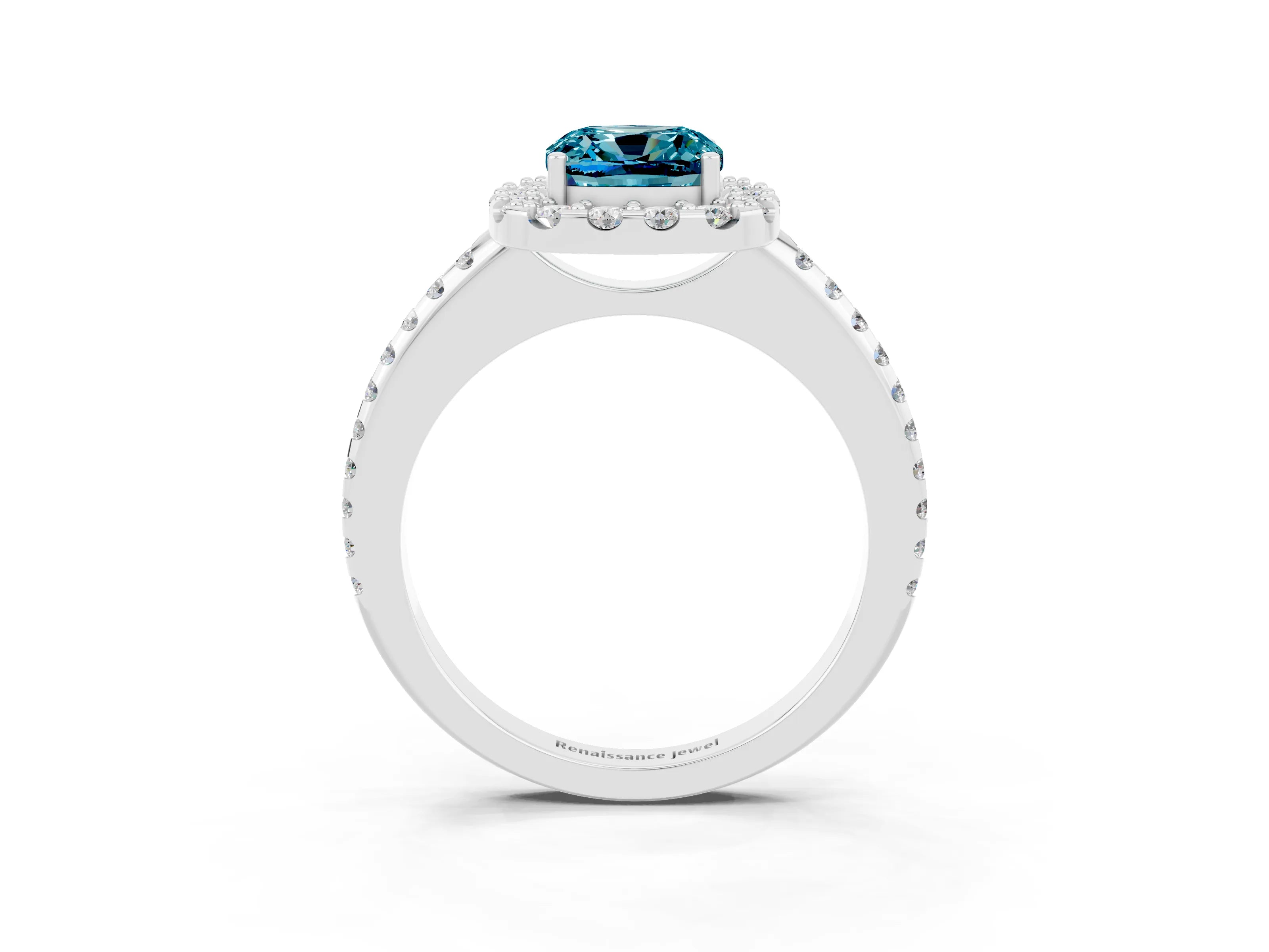 White gold Cushion Cut Blue Topaz Pavé Halo Ring with Four-Prong Setting_15