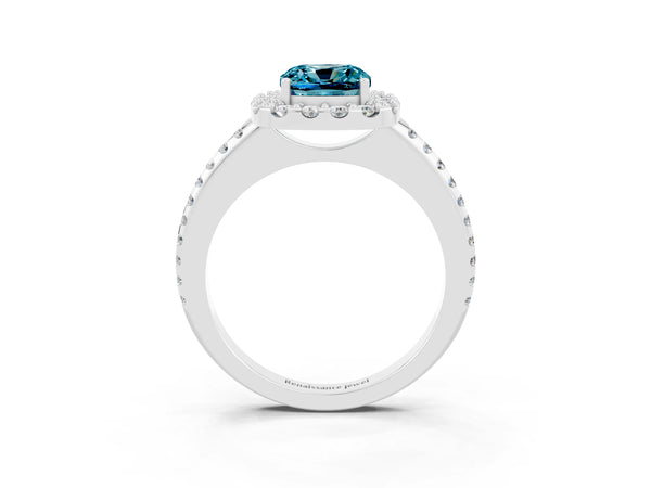 Silver Cushion Cut Blue Topaz Pavé Halo Ring with Four-Prong Setting