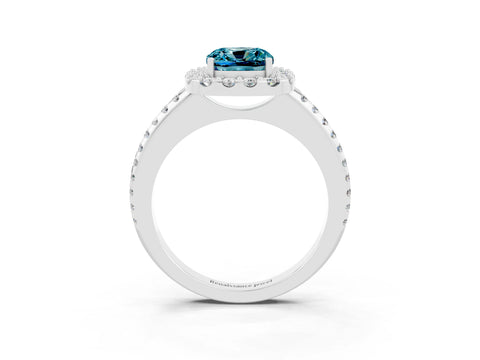 White gold Cushion Cut Blue Topaz Pavé Halo Ring with Four-Prong Setting_15