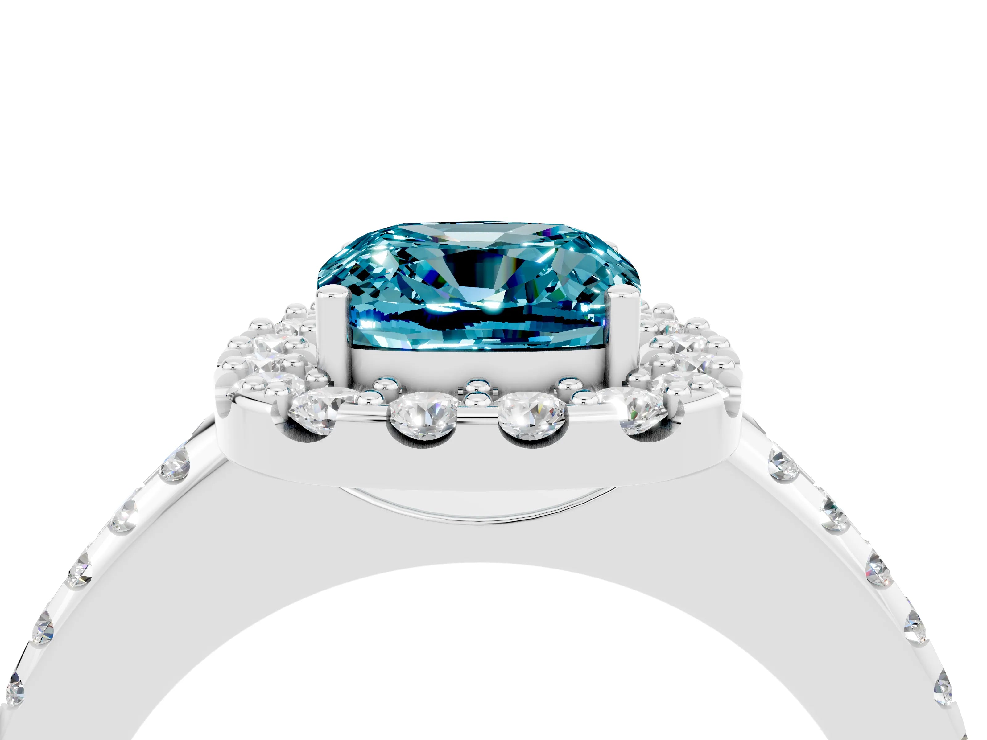 White gold Cushion Cut Blue Topaz Pavé Halo Ring with Four-Prong Setting_16