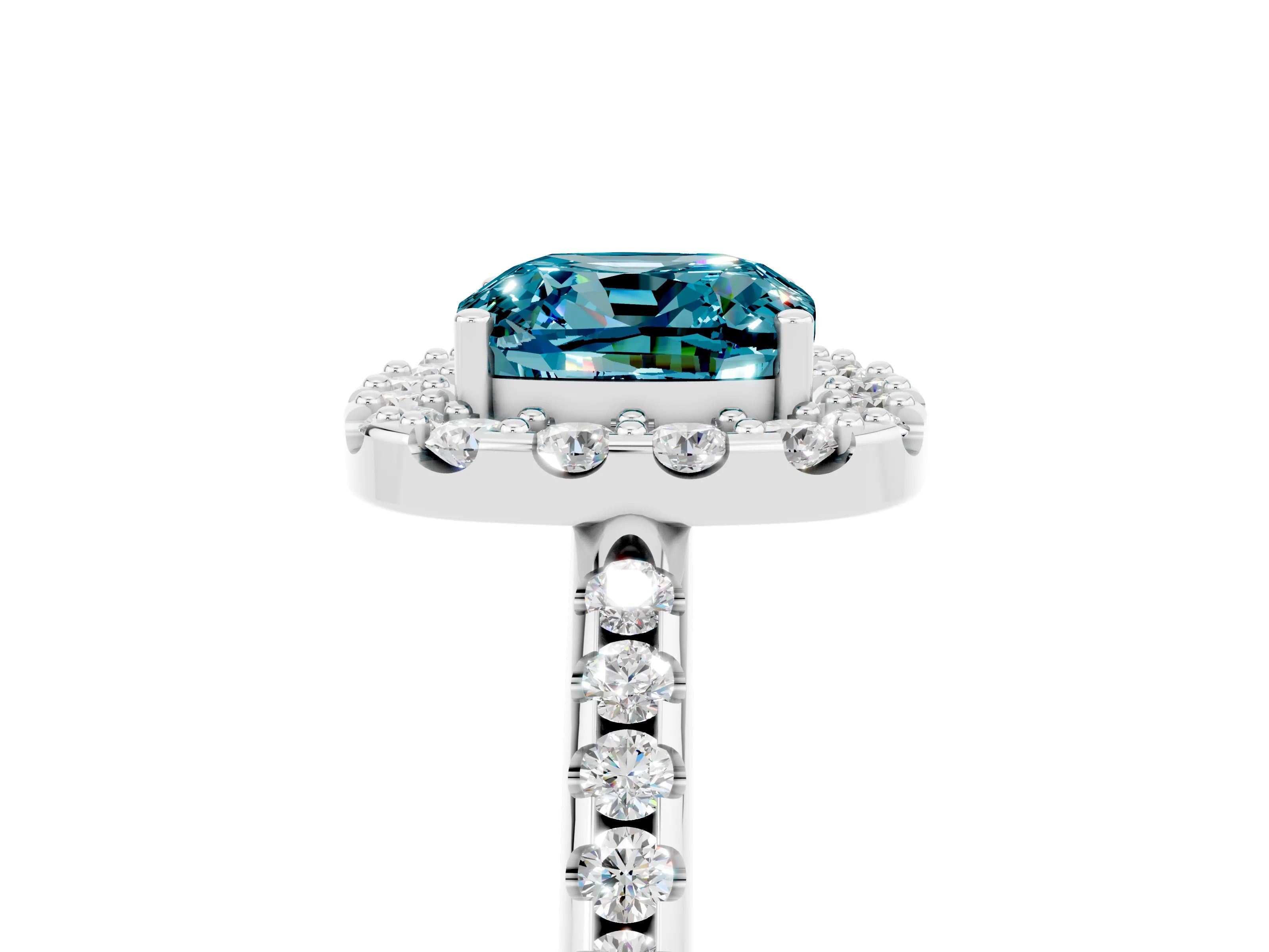 White gold Cushion Cut Blue Topaz Pavé Halo Ring with Four-Prong Setting_17