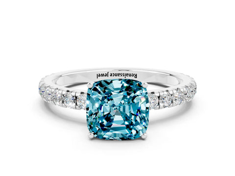 White gold Cushion Cut Blue Topaz Pavé Solitaire Engagement Ring with Four-Prong Setting_12