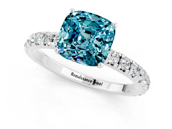 White gold Cushion Cut Blue Topaz Pavé Solitaire Engagement Ring with Four-Prong Setting