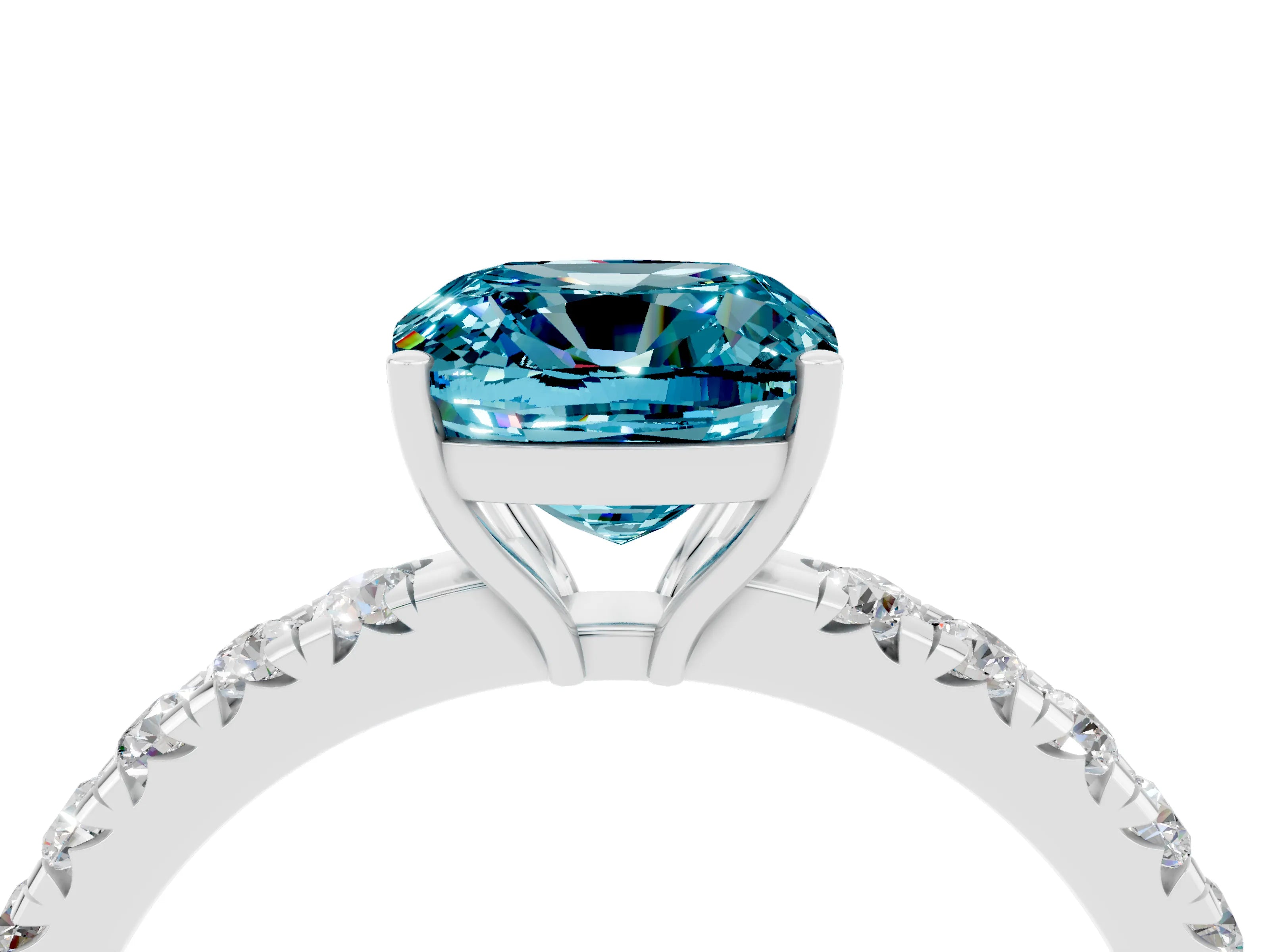 White gold Cushion Cut Blue Topaz Pavé Solitaire Engagement Ring with Four-Prong Setting_16
