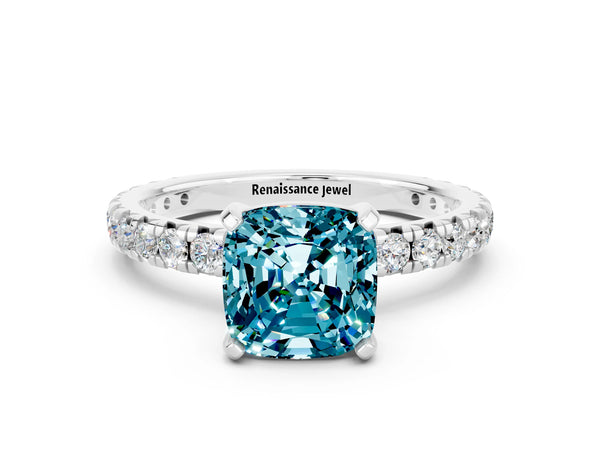 White gold Cushion Cut Blue Topaz Pavé Solitaire Ring with Round Band and Prong Setting