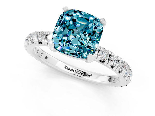 Silver Cushion Cut Blue Topaz Pavé Solitaire Ring with Round Band and Prong Setting
