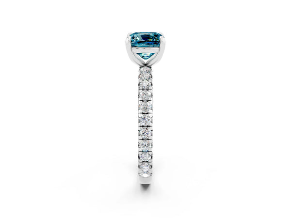 Platinum Cushion Cut Blue Topaz Pavé Solitaire Ring with Round Band and Prong Setting