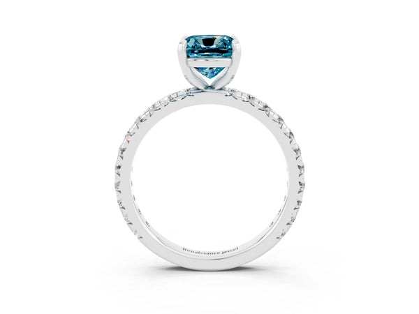 Platinum Cushion Cut Blue Topaz Pavé Solitaire Ring with Round Band and Prong Setting