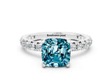 White gold Cushion Cut Blue Topaz Pavé Solitaire Ring with Round Band and Prong Setting_36